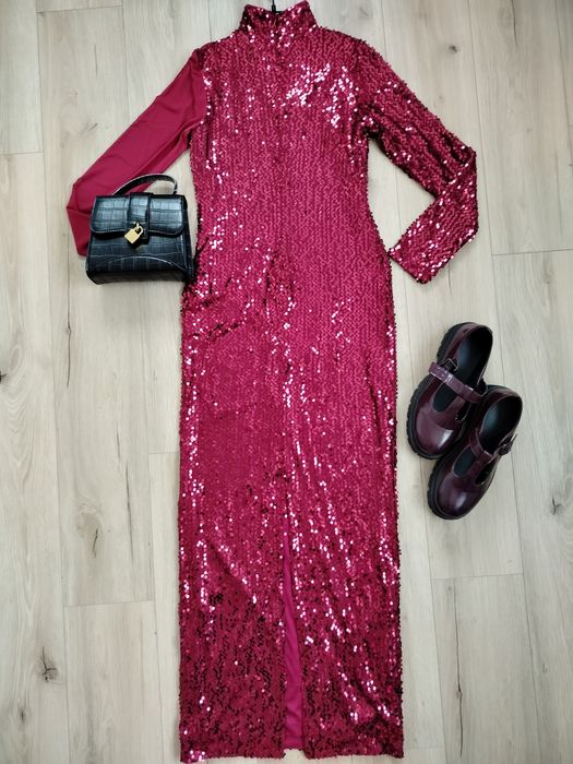 Bordowa sukienka maxi cekinowa elegancka 34 wieczorowa sequin dress