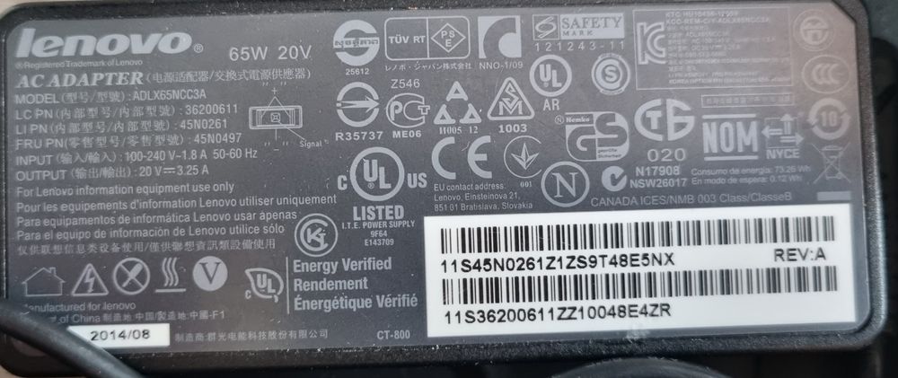 Oryg Zasilacz Ładowarka Lenovo 20v 3.25a.65w wtyk prostokąt thinkpad