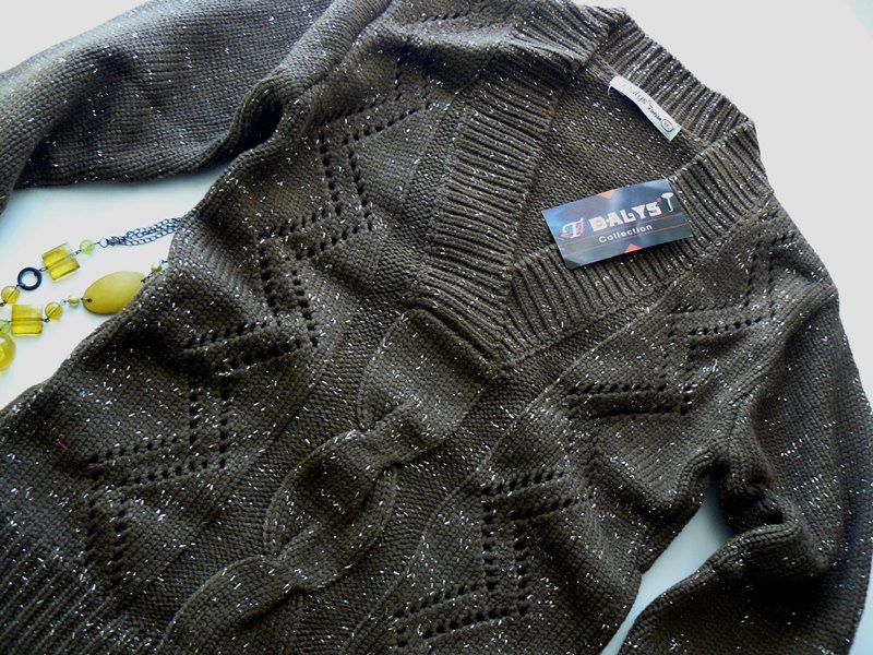 DALYS sweter brąz tunika srebrna nitka splot ażur warkocz S
