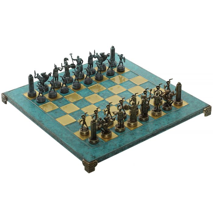 Zestaw szachowy mitologia grecka z niebieskimi/brązowymi figurami i m