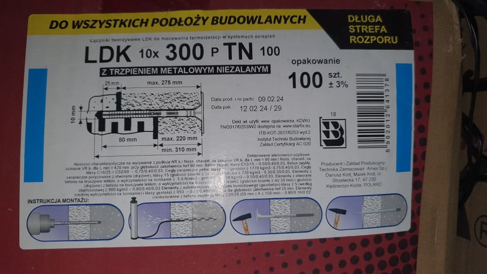 Kołki do styropianu z trzpieniem metalowym 30cm