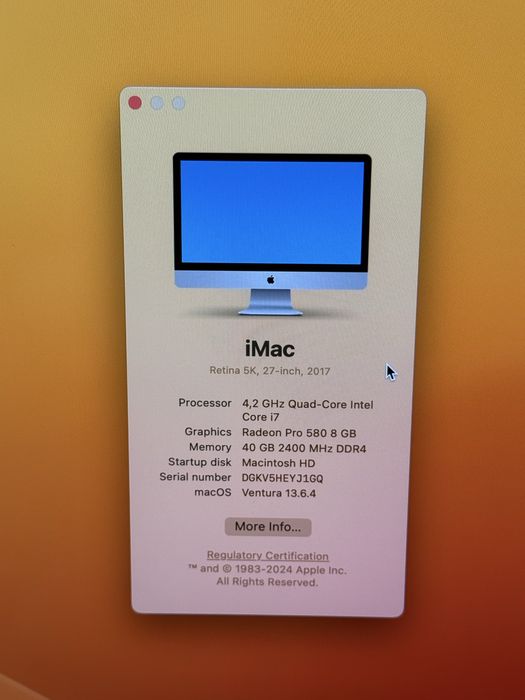 Apple iMac 27 inch, 2017, Retina 5K, 40GB RAM, 2TB