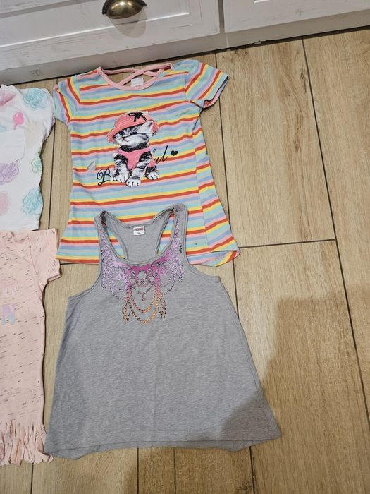 Koszulki krótki rękaw 122 128 dziewczynka napis kot letnie