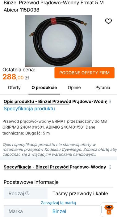 Nowy Binzel Przewód Prądowo-Wodny Ermat 5 M Abicor 115.D038.