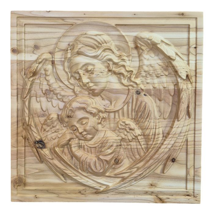 Anioł Stróż z dzieckiem, płaskorzeźba modrzew 35x35 cm
