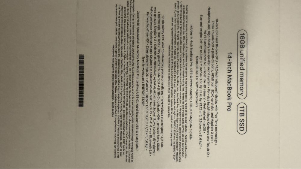 Macbook Pro 14 dysk 1tb, m1 pro