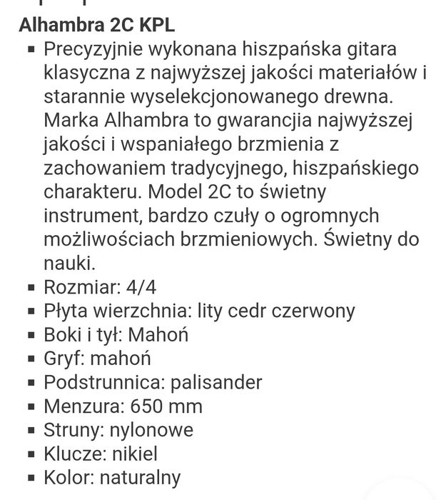 Gitara klasyczna Alhambra 2c + pokrowiec i stojak