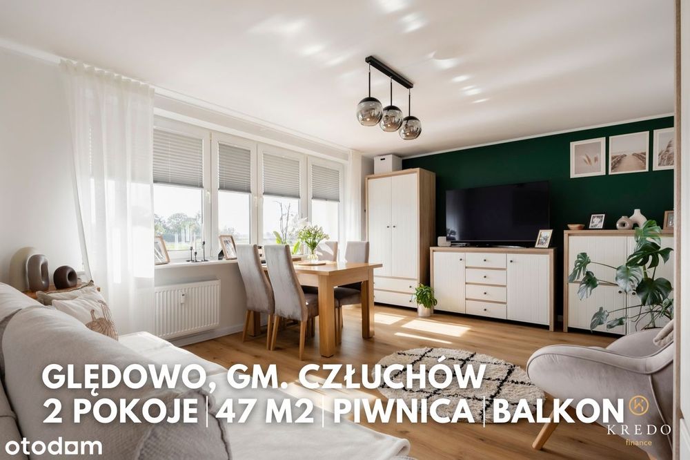 47,30 m² | 2 pokoje | Balkon | Piwnica | 1 piętro | Człuchów-Ględowo