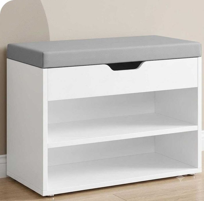 Szafka na Buty Vasagle z Siedziskiem / Schowkiem – Biała / Szara – 60 x 44 x 30 cm