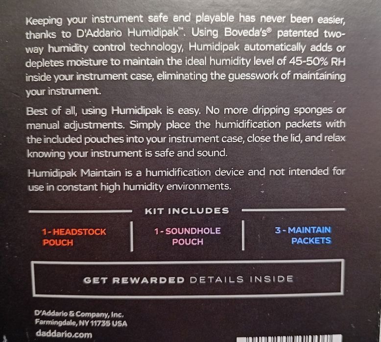 Humidipak D'Addario: Kit Humidificação / Desumidificador Guitarra Baixo