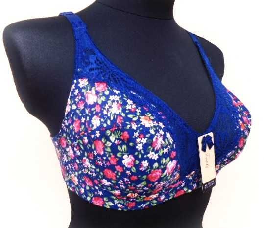 wygodny miękki biustonosz 85D granatowy w kwiatuszki  bez fiszbin