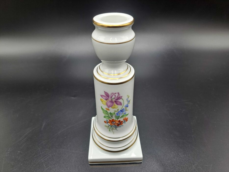 Świecznik porcelanowy Miśnia ręcznie malowane kwiaty złocenia