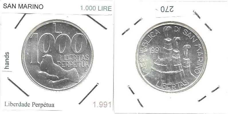 San Marino - - -1.000 Lire - 1991 - - - Liberdade - - - Moeda de Prata