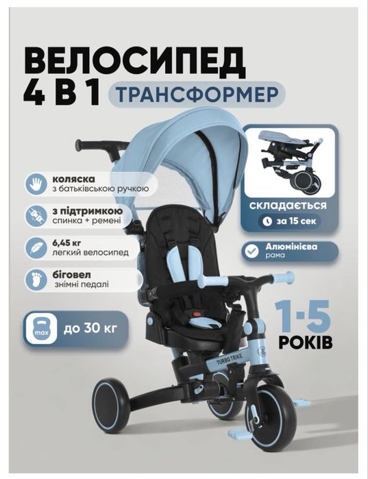 Детский трехколесный велосипед трансформер 4 в 1 с ручкой и козырьком, велосипед-коляска от 1 года TURBO TRIKE 1036 blue складной