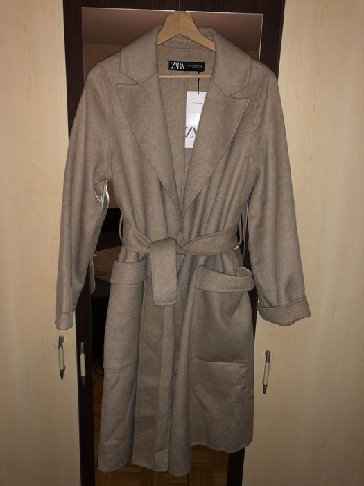Zara płaszcz wełniany wełna klasyka minimalizm elegancki wiązany Xs