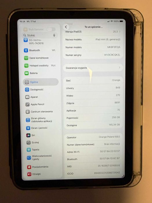 iPad Mini 6gen 256Gb Cellular IDEAŁ! Szkło, etui + Apple Pencil!