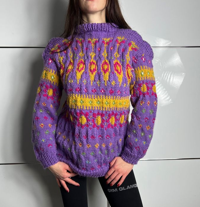 Ręcznie Szyty Sweter Z Wełny Norweskiej Czesankowej Wzorki Vintage