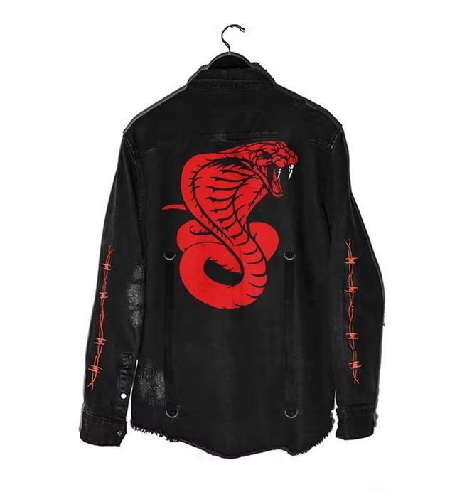 Męska kurtka jeansowa z motywem węża przetarcia, streetwear - L