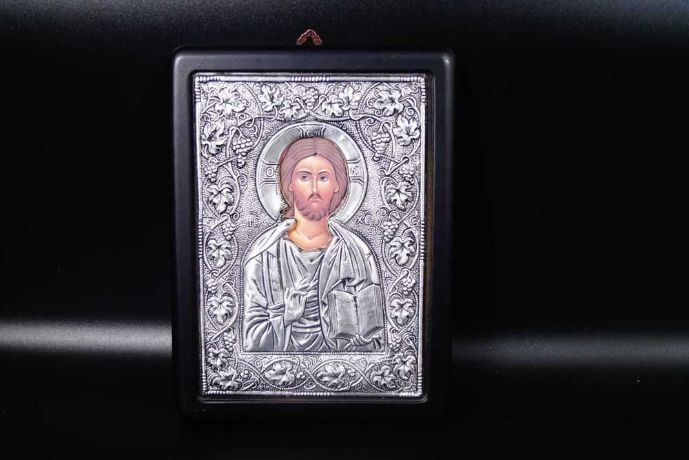 Ikona grawerowana metalowa na drewnie JEZUS CHRYSTUS
