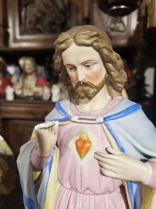 Duża zabytkowa figura Najświętsze Serce Pan Jezus porcelana Andenne