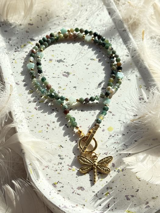 Naszyjnik z kamieni naturalnych agat indyjski, akwamaryn, stal chirurg