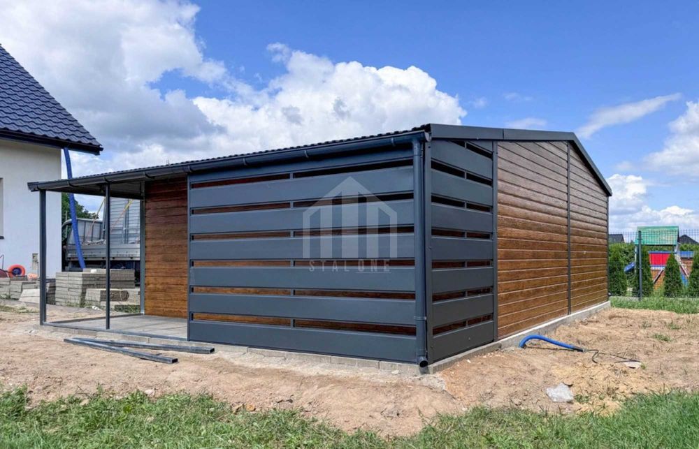 Garaż blaszany 6,5x6m + wiata 2,5m - brama drzwi okno rynny SO121