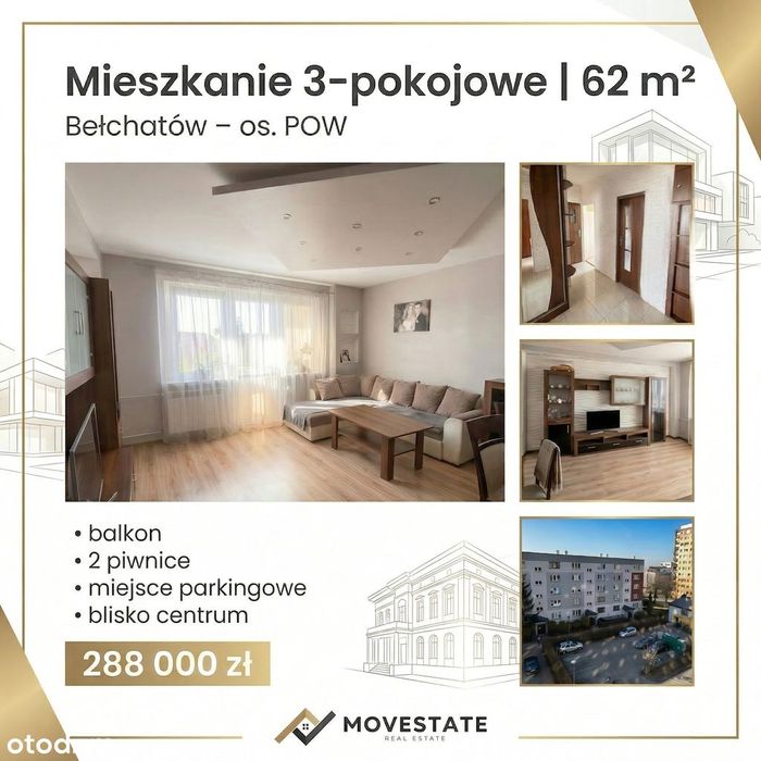 3-pokojowe mieszkanie 62 m² | duży balkon | os. POW | Bełchatów