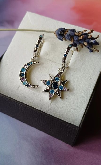 Wiszące kolczyki gwiazdka i księżyc srebro 925