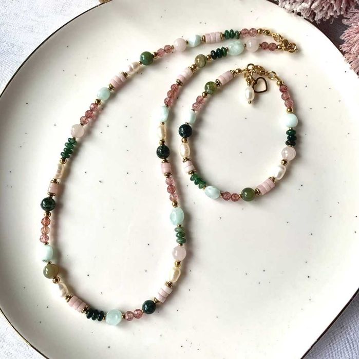 Komplet naszyjnik i bransoletka - kolor zielono-różowy