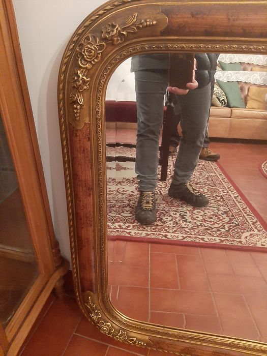 Espelho moldura madeira maciça oval vidro bicelado