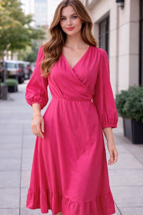 Sukienka midi damska kopertowa wiązana fuksja róż L