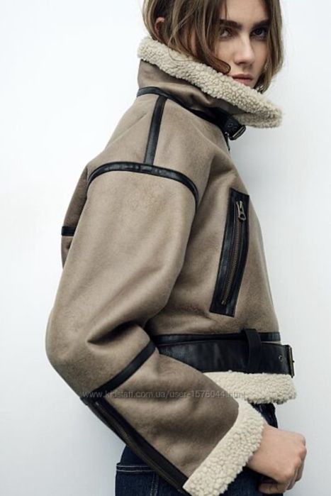 Дубленка Zara , авіатор, коротка коричневого кольору