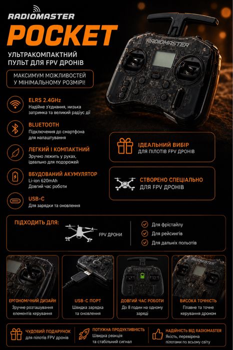 Radiomaster Pocket ELRS 2.4GHz — компактний пульт для FPV-дронів