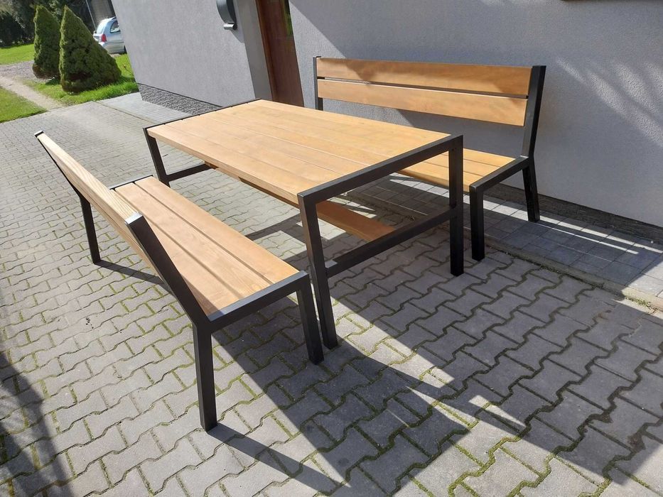 Ogrodowe meble drewniane + metal ocynk stół 2 ławki 2 fotele zestaw