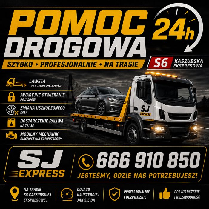 Pomoc Drogowa 24h Trasa S6 S7 Kaszubska Mobilny Mechanik Auto zastępcze Laweta HOLOWANIE