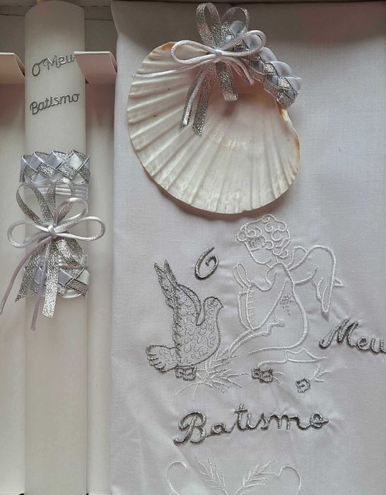 conjunto para batismo / batizado: vela, concha, toalha