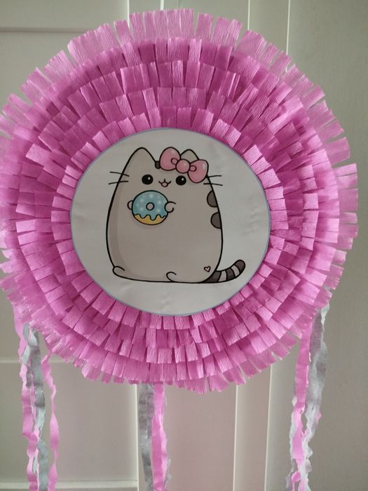 Piniata Kot Pusheen różowo szara plus tasiemki