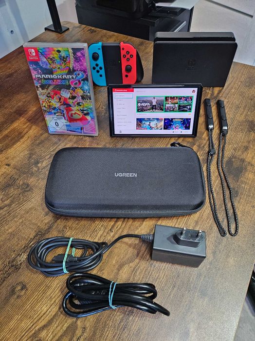 Nintendo Switch OLED Neon + nowy Mario Kart 8 Deluxe - stan niemal idealny - darmowa dostawa