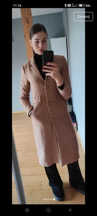 Karmelowy kamelowy beżowy długi płaszcz Reserved rozmiar 36