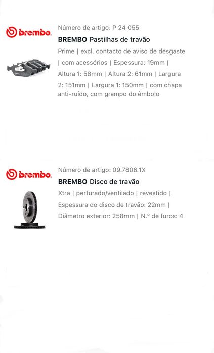 Kit Brembo 258mm discos e pastilhas ventilados e perfurados