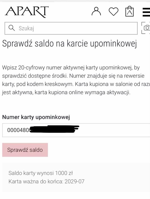 Karta podarunkowa Apart 1000 PLN