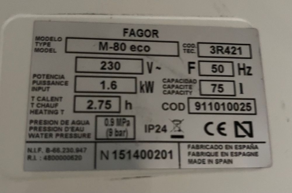 Título: Termoacumulador Fagor M-80 Eco 75L - 1.6kW - Funciona Perfeito