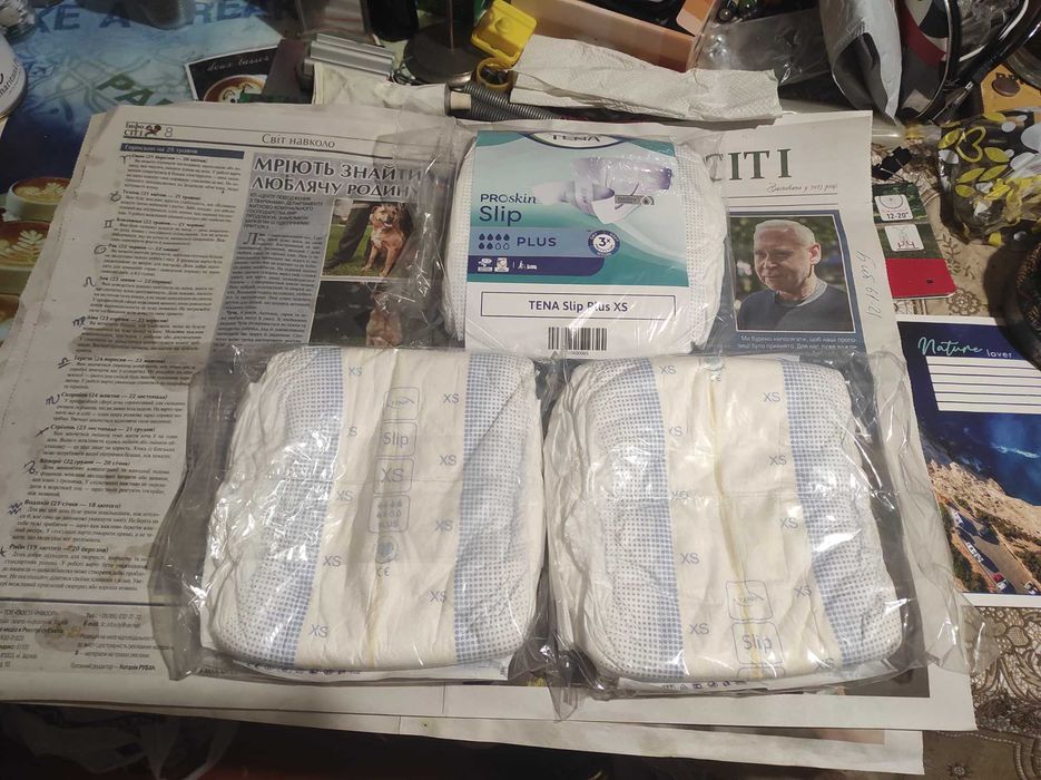 Продам урологические подгузники TENA Slip Plus XS (ProSkin, FeelDry Advanced)  6 крапель. Остаток – 3 штуки.