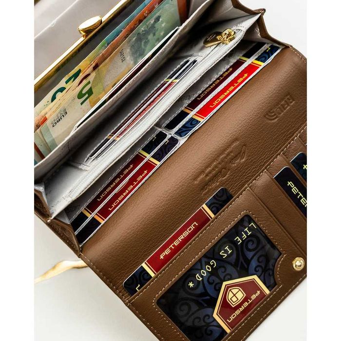 Portfel damski ze skóry naturalnej i ekologicznej w brązowym kolorze