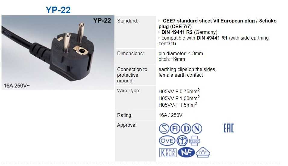 Kabel zasilający Yung Li YP22-YC14, 16A/250V - 2.5A/250V, 1.8m - nowy