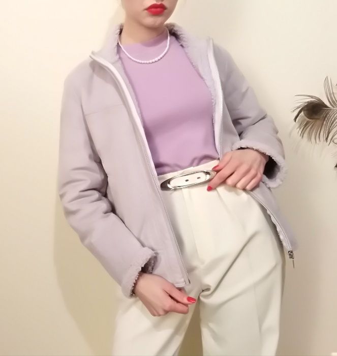 Unikat kurtka Kożuch pilotka zamsz veri peri liliowa lilac wrzos