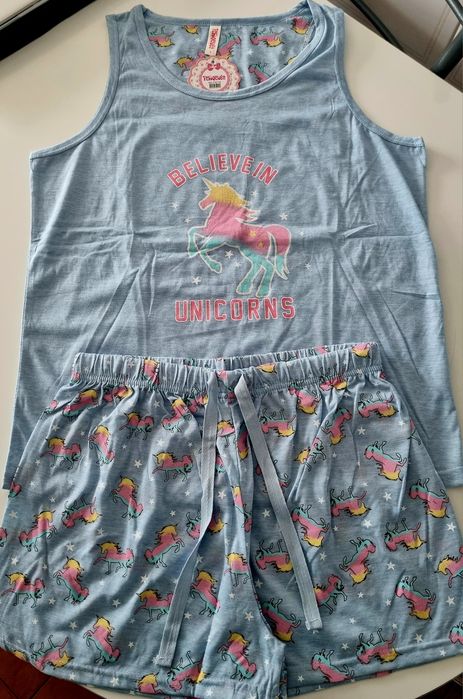 Pijama de verão, azul com unicórnios, 100% algodão. L