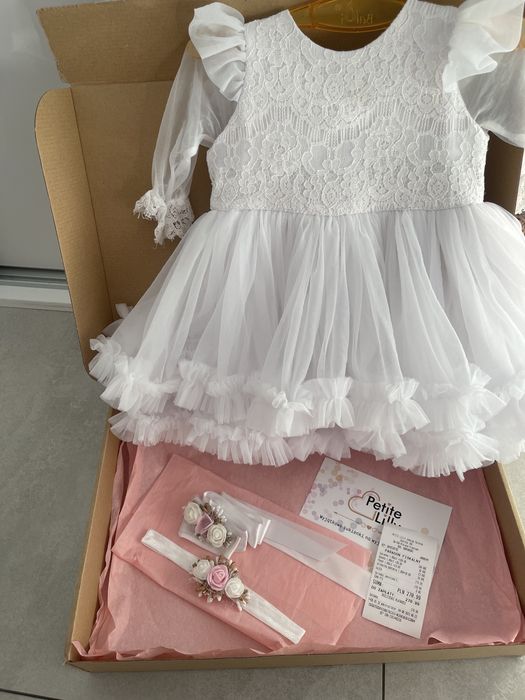 Sukienka rozm  74/80 Chrzest dziewczynka - GRATIS pasek i opaska