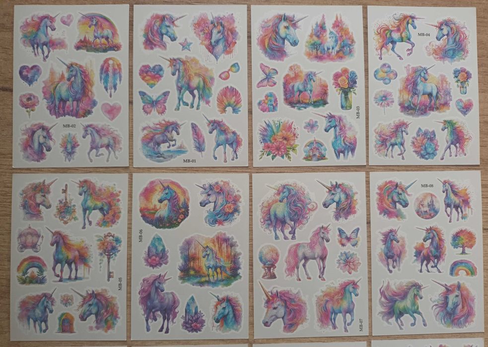 Zestaw XXL! 12 arkuszy 114 wzorów! tatuaże brokatowe JEDNOROŻCE