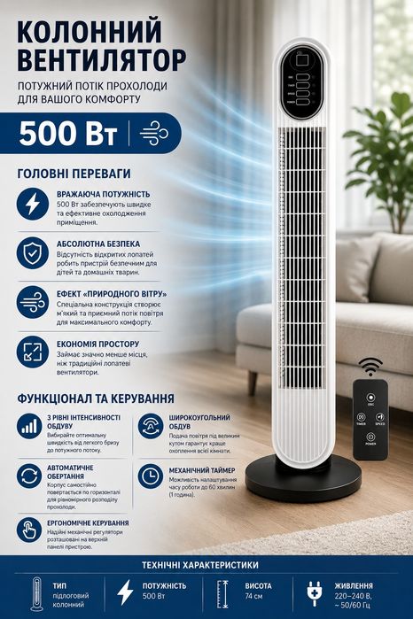 Підлоговий вентилятор 500 вт+пульт